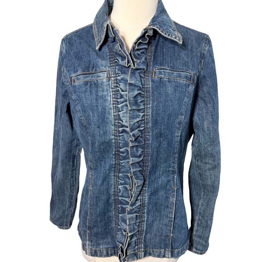 REXB Blue Denim Ruffle Front Jacket Medium Wash Stretch Cotton Small